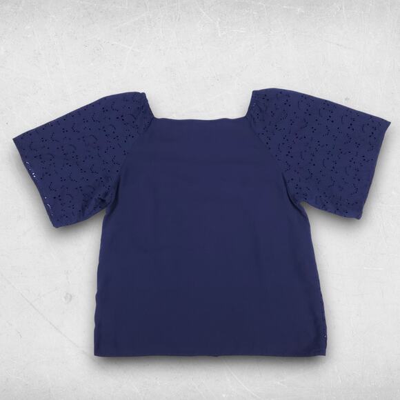 A New Day Eyelet Blouse Top Sz S Navy Button Down Short Sleeve Cottage Coquette - Picture 3 of 8